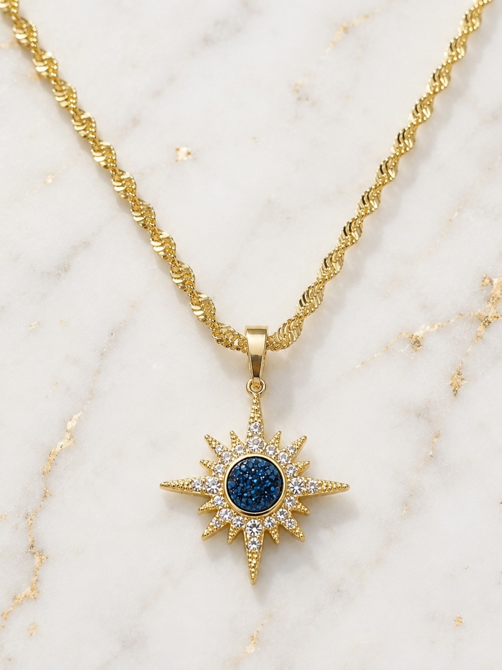 Dark Blue Natural Druzy Starburst Necklace 18K Gold Plated Celestial Pendant